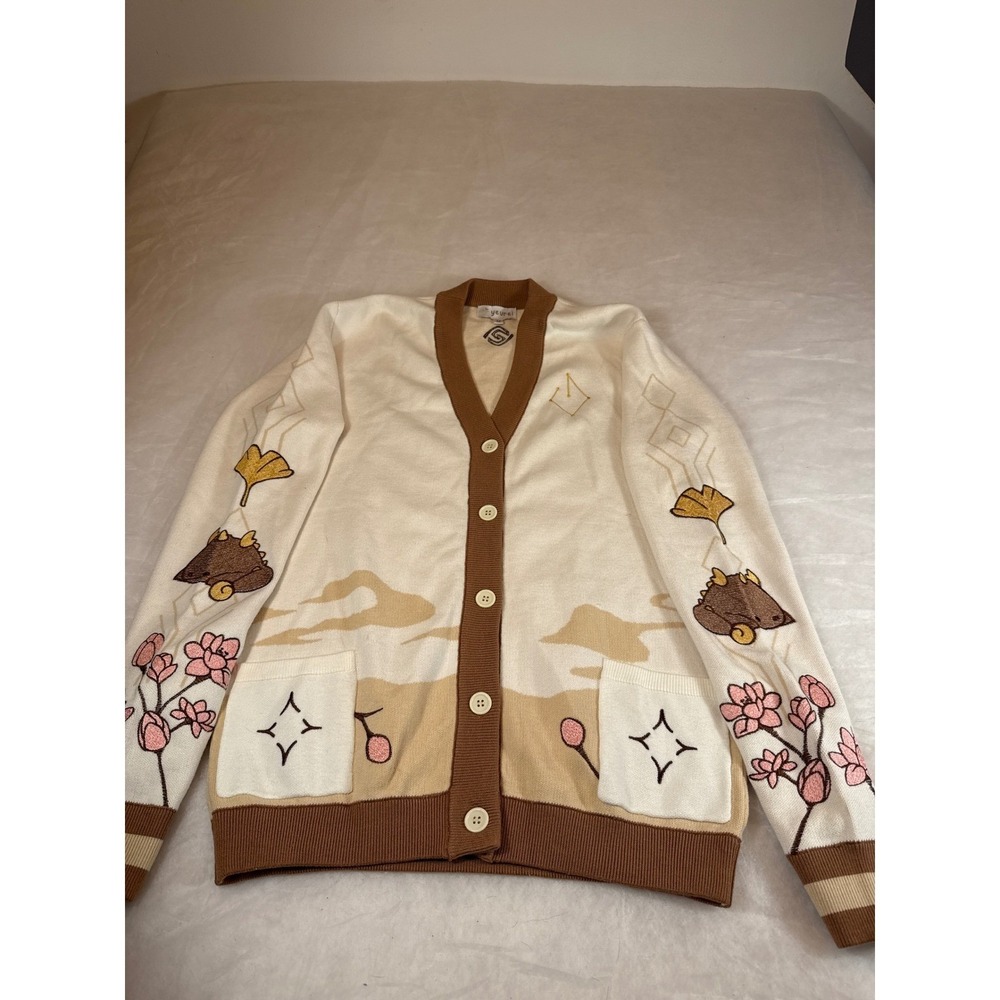Genshin Impact flowers zhongli cotton embroidered Cardigan Cream Tan Medium - Picture 2 of 16